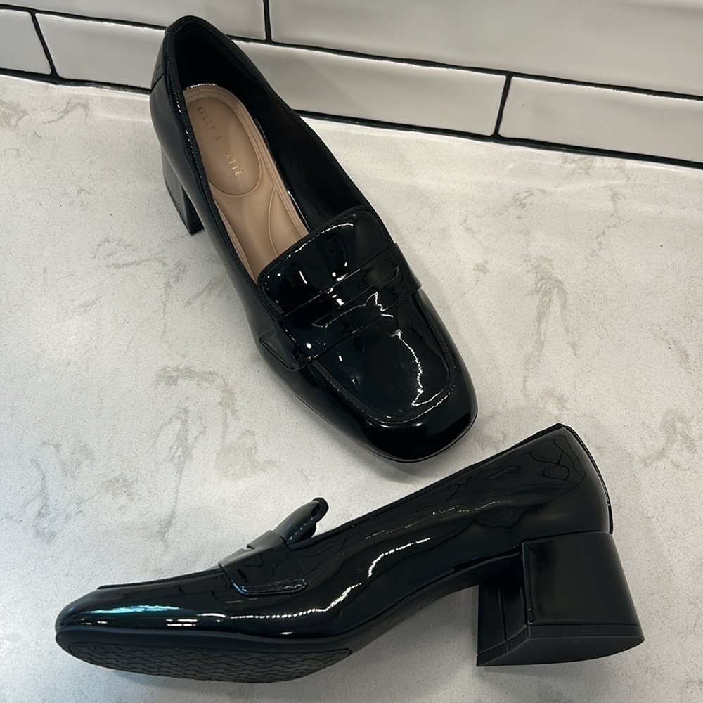 Kelly & Katie Payln Loafer Black Glossy Platform Heel Slip On Academia Office - Picture 11 of 16